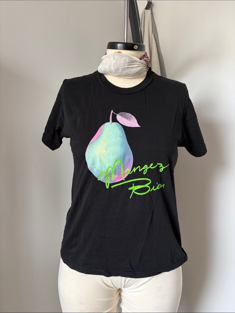 Women's Black Short-Sleeve Graphic Pear Tee with Neon Script